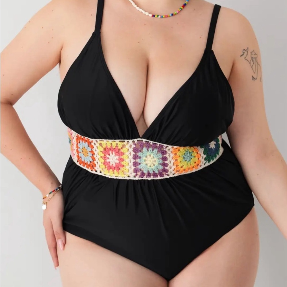 Cider Black Granny Square Knitted Center Plunge One Piece Swimsuit Size 3X